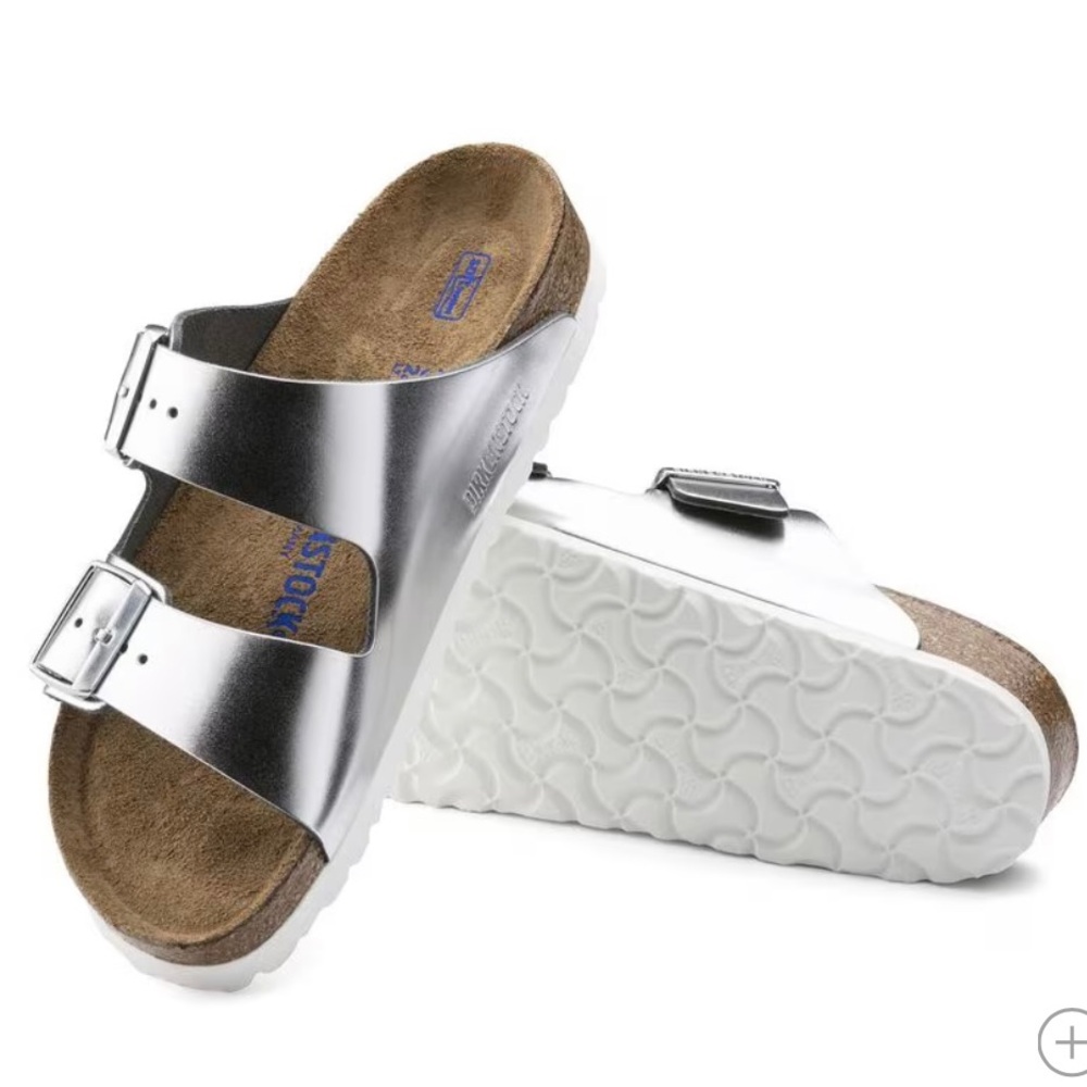 Birkenstock Arizona Soft Footbed Leather - Metallic Silver Sandals Women Sz 40